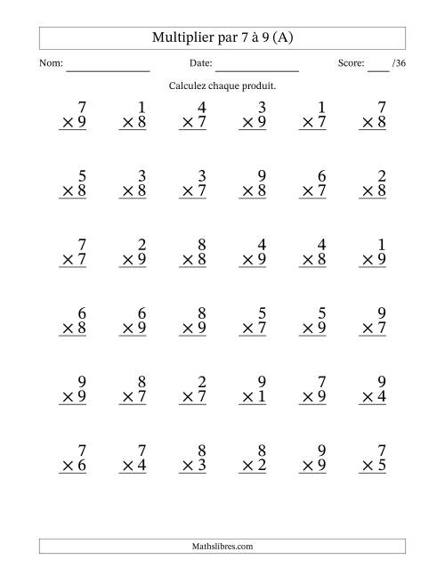 Multiplier (1 à 9) par 7 à 9 (36 Questions) (Tout)