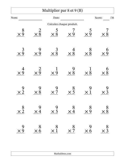 Multiplier (1 à 9) par 8 et 9 (36 Questions) (B)