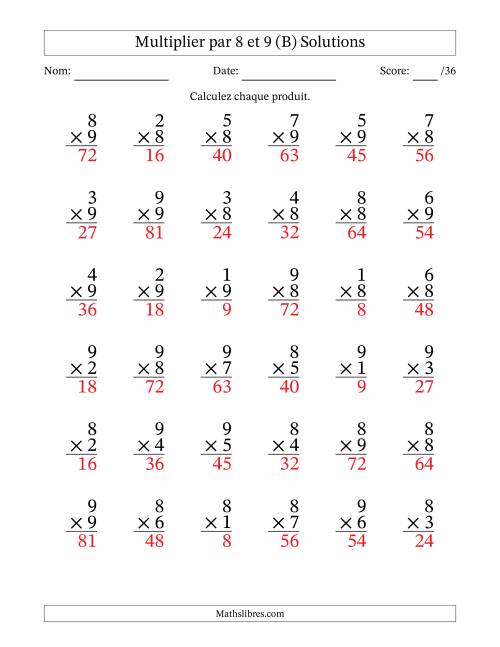 Multiplier (1 à 9) par 8 et 9 (36 Questions) (B) page 2