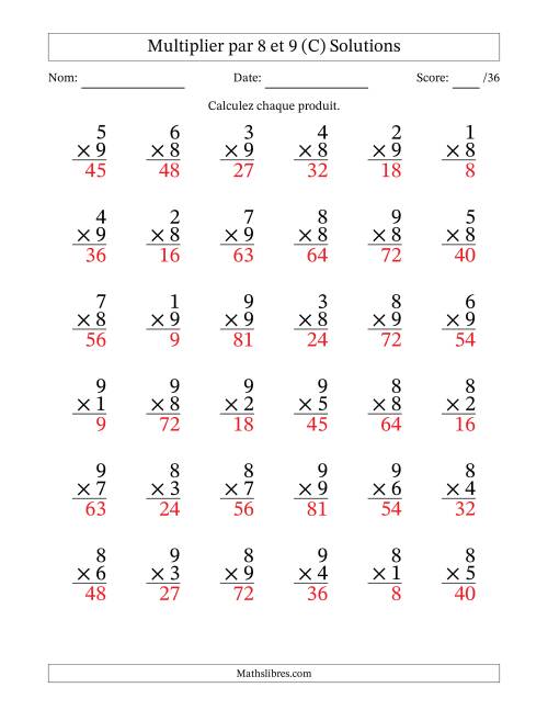 Multiplier (1 à 9) par 8 et 9 (36 Questions) (C) page 2