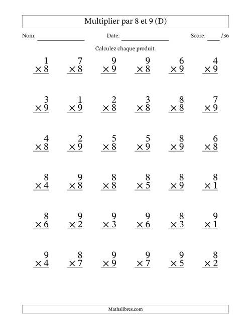 Multiplier (1 à 9) par 8 et 9 (36 Questions) (D)