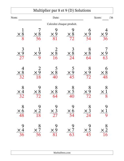 Multiplier (1 à 9) par 8 et 9 (36 Questions) (D) page 2