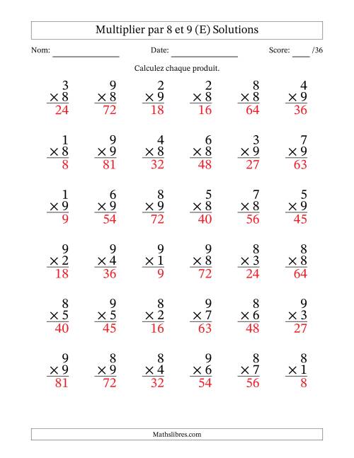 Multiplier (1 à 9) par 8 et 9 (36 Questions) (E) page 2