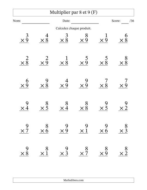 Multiplier (1 à 9) par 8 et 9 (36 Questions) (F)