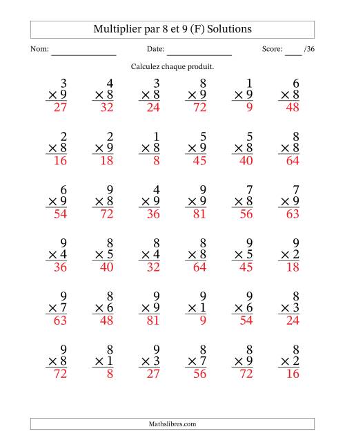 Multiplier (1 à 9) par 8 et 9 (36 Questions) (F) page 2