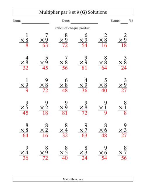 Multiplier (1 à 9) par 8 et 9 (36 Questions) (G) page 2