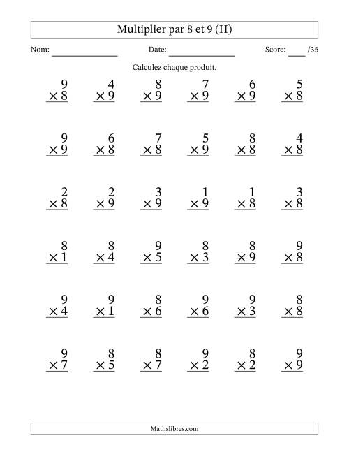 Multiplier (1 à 9) par 8 et 9 (36 Questions) (H)