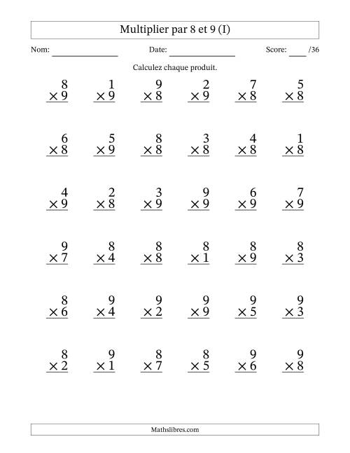 Multiplier (1 à 9) par 8 et 9 (36 Questions) (I)
