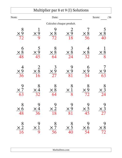 Multiplier (1 à 9) par 8 et 9 (36 Questions) (I) page 2