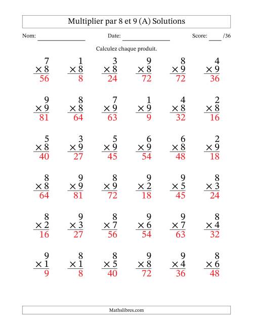 Multiplier (1 à 9) par 8 et 9 (36 Questions) (Tout) page 2