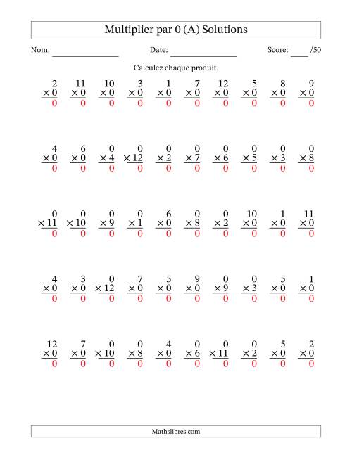 Multiplier (1 à 12) par 0 (50 Questions) (A) page 2