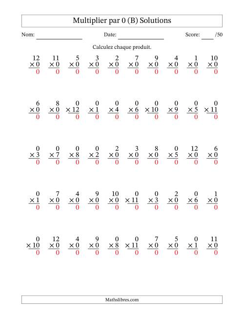 Multiplier (1 à 12) par 0 (50 Questions) (B) page 2