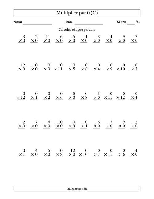 Multiplier (1 à 12) par 0 (50 Questions) (C)
