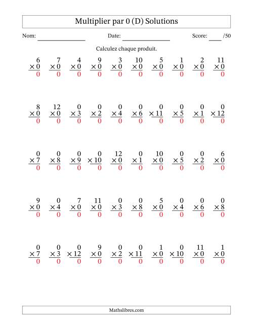 Multiplier (1 à 12) par 0 (50 Questions) (D) page 2