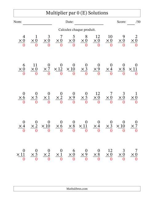 Multiplier (1 à 12) par 0 (50 Questions) (E) page 2