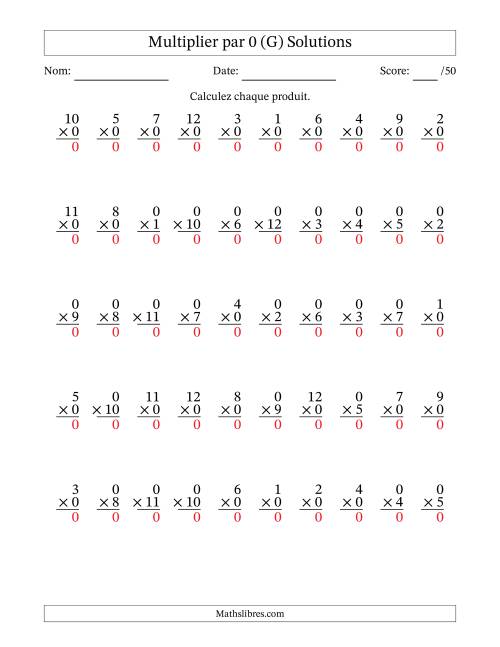 Multiplier (1 à 12) par 0 (50 Questions) (G) page 2