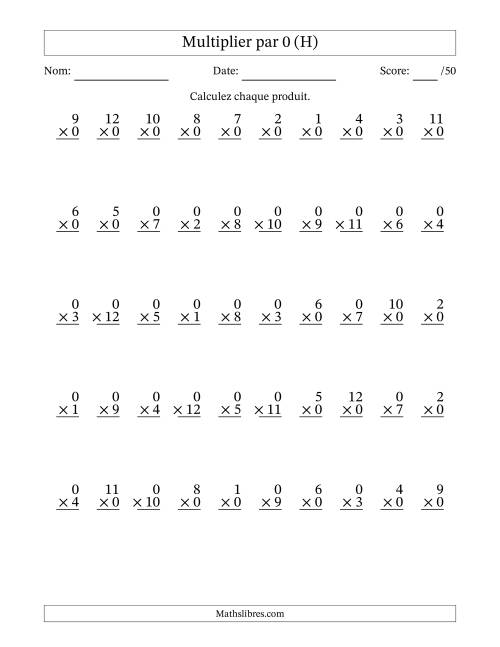 Multiplier (1 à 12) par 0 (50 Questions) (H)