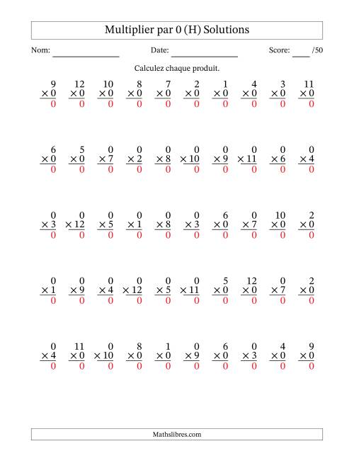 Multiplier (1 à 12) par 0 (50 Questions) (H) page 2