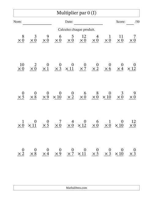 Multiplier (1 à 12) par 0 (50 Questions) (I)