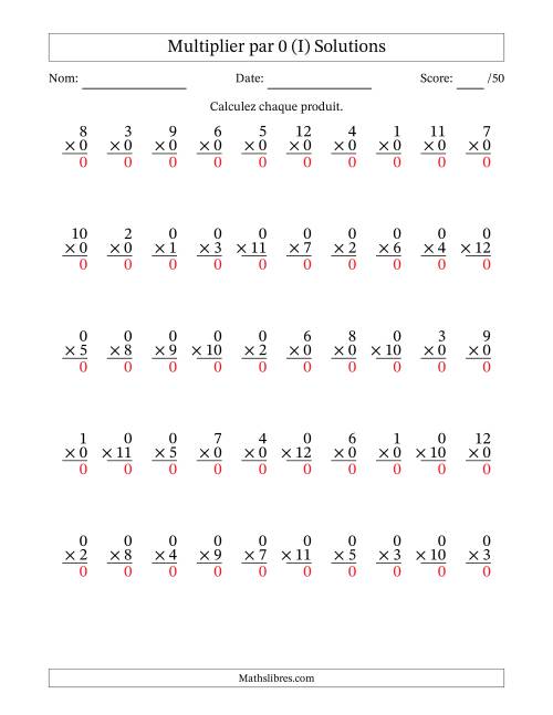 Multiplier (1 à 12) par 0 (50 Questions) (I) page 2