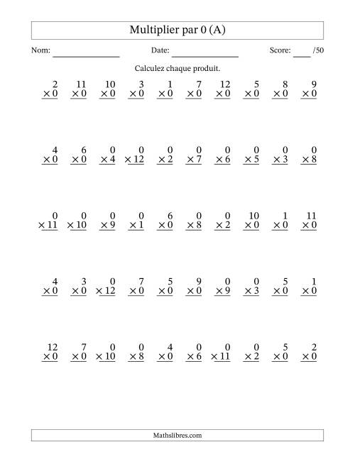 Multiplier (1 à 12) par 0 (50 Questions) (Tout)