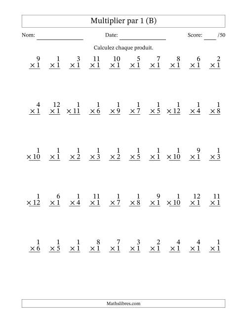 Multiplier (1 à 12) par 1 (50 Questions) (B)