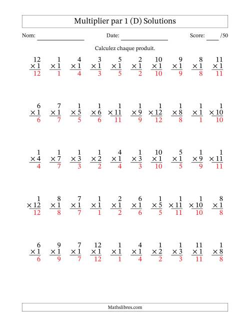 Multiplier (1 à 12) par 1 (50 Questions) (D) page 2