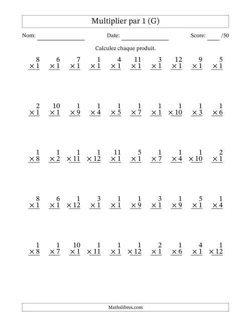 Multiplier (1 à 12) par 1 (50 Questions) (G)