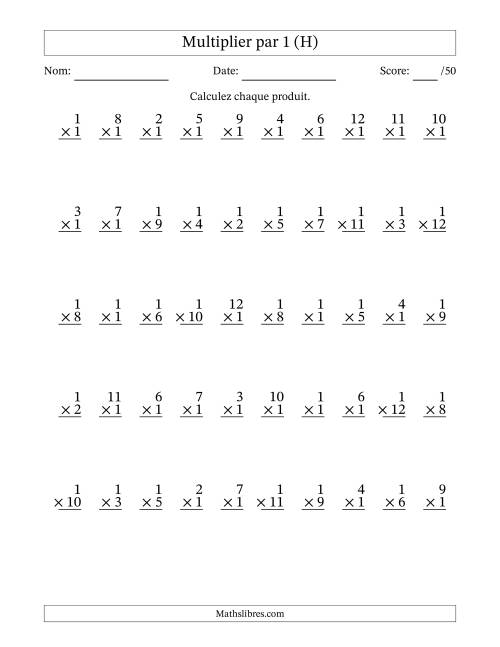 Multiplier (1 à 12) par 1 (50 Questions) (H)