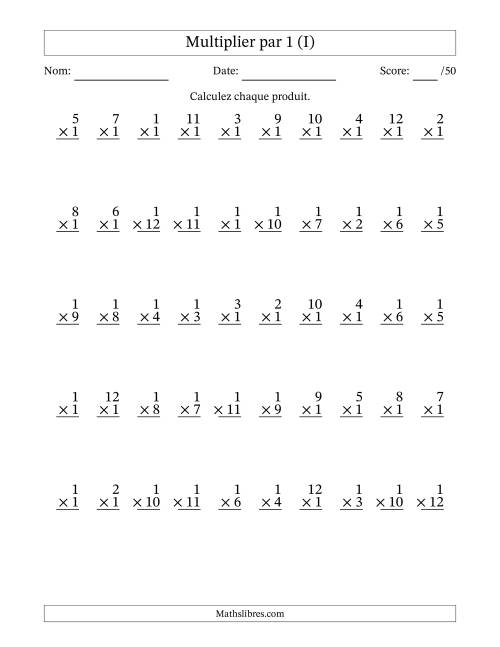 Multiplier (1 à 12) par 1 (50 Questions) (I)
