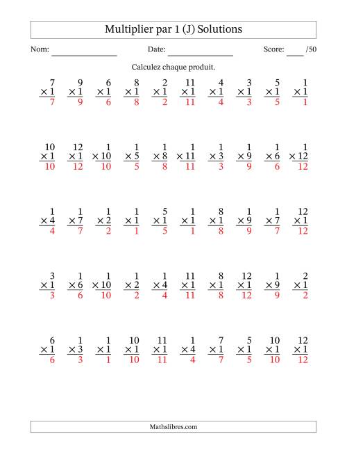 Multiplier (1 à 12) par 1 (50 Questions) (J) page 2