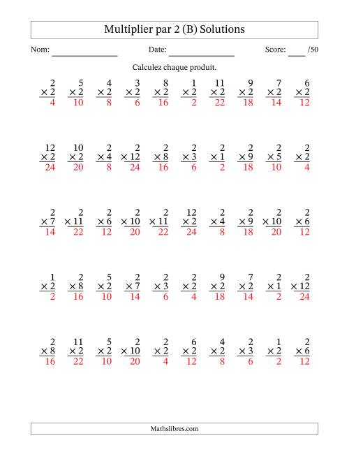 Multiplier (1 à 12) par 2 (50 Questions) (B) page 2
