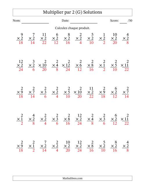 Multiplier (1 à 12) par 2 (50 Questions) (G) page 2