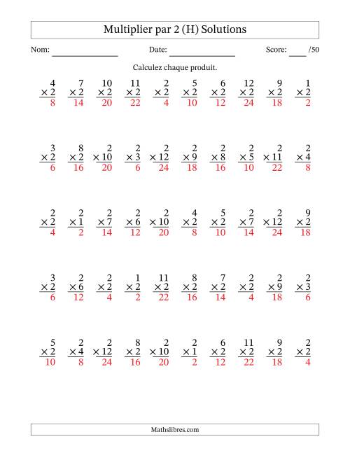 Multiplier (1 à 12) par 2 (50 Questions) (H) page 2