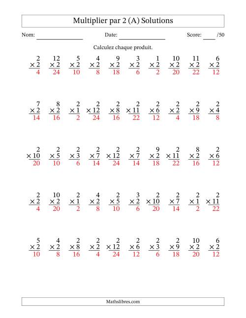 Multiplier (1 à 12) par 2 (50 Questions) (Tout) page 2