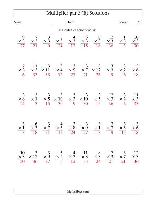 Multiplier (1 à 12) par 3 (50 Questions) (B) page 2