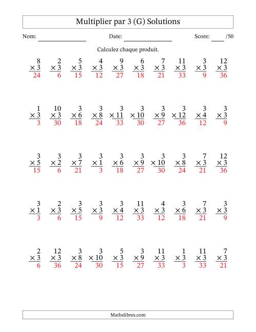 Multiplier (1 à 12) par 3 (50 Questions) (G) page 2