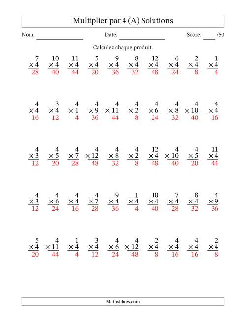 Multiplier (1 à 12) par 4 (50 Questions) (A) page 2