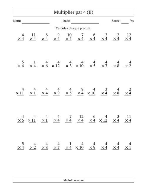 Multiplier (1 à 12) par 4 (50 Questions) (B)