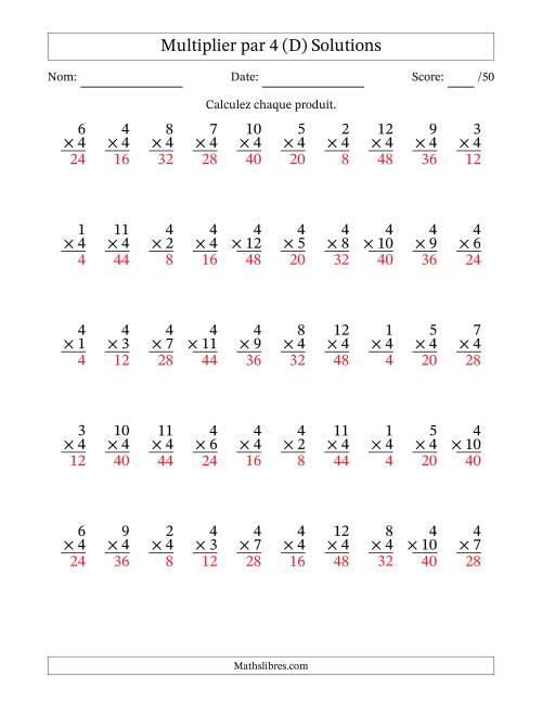Multiplier (1 à 12) par 4 (50 Questions) (D) page 2