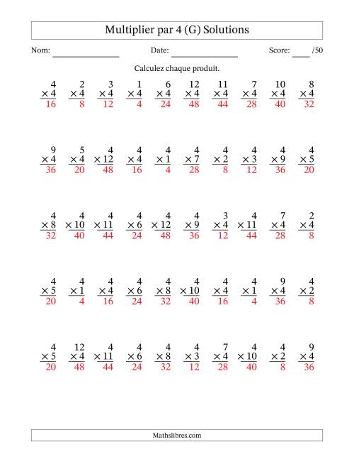 Multiplier (1 à 12) par 4 (50 Questions) (G) page 2