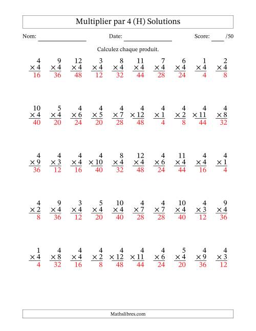 Multiplier (1 à 12) par 4 (50 Questions) (H) page 2
