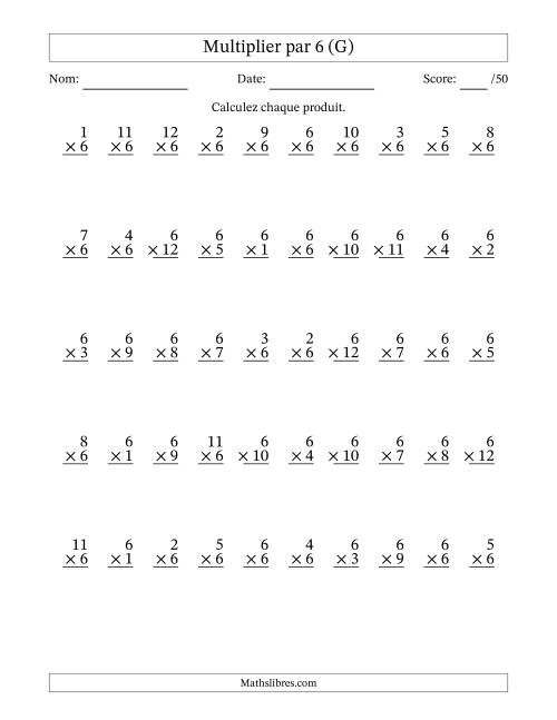 Multiplier (1 à 12) par 6 (50 Questions) (G)