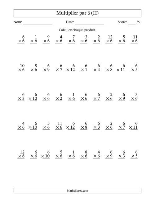 Multiplier (1 à 12) par 6 (50 Questions) (H)