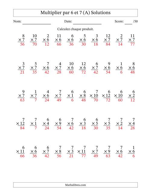 Multiplier (1 à 12) par 6 et 7 (50 Questions) (A) page 2