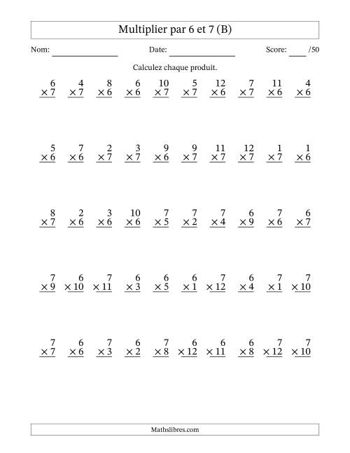 Multiplier (1 à 12) par 6 et 7 (50 Questions) (B)