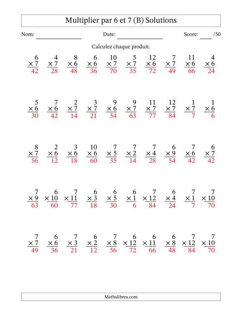 Multiplier (1 à 12) par 6 et 7 (50 Questions) (B) page 2