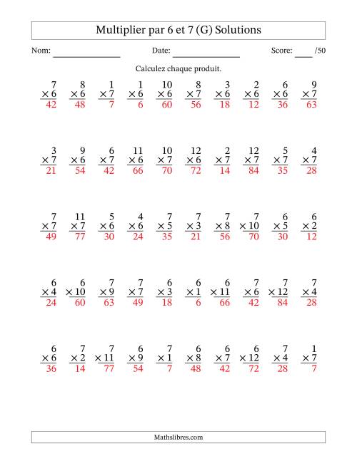 Multiplier (1 à 12) par 6 et 7 (50 Questions) (G) page 2