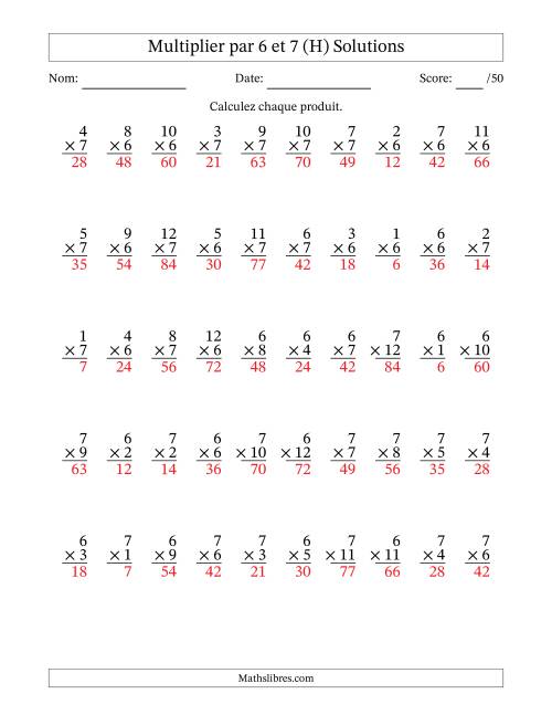 Multiplier (1 à 12) par 6 et 7 (50 Questions) (H) page 2