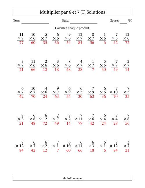 Multiplier (1 à 12) par 6 et 7 (50 Questions) (I) page 2